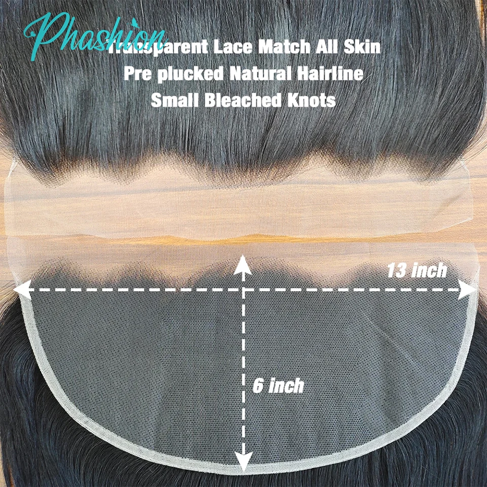 Phashion 26 28 Inch13x6 Lace Frontal Straight Pre Plucked Swiss HD Transparent Full Front Only Natural Black 100% Human Hair