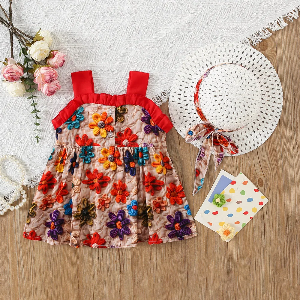 Two Piece Set Of Baby Girl Dress Summer Girl Beach Dress Flower Print Cute Girl Princess Dress