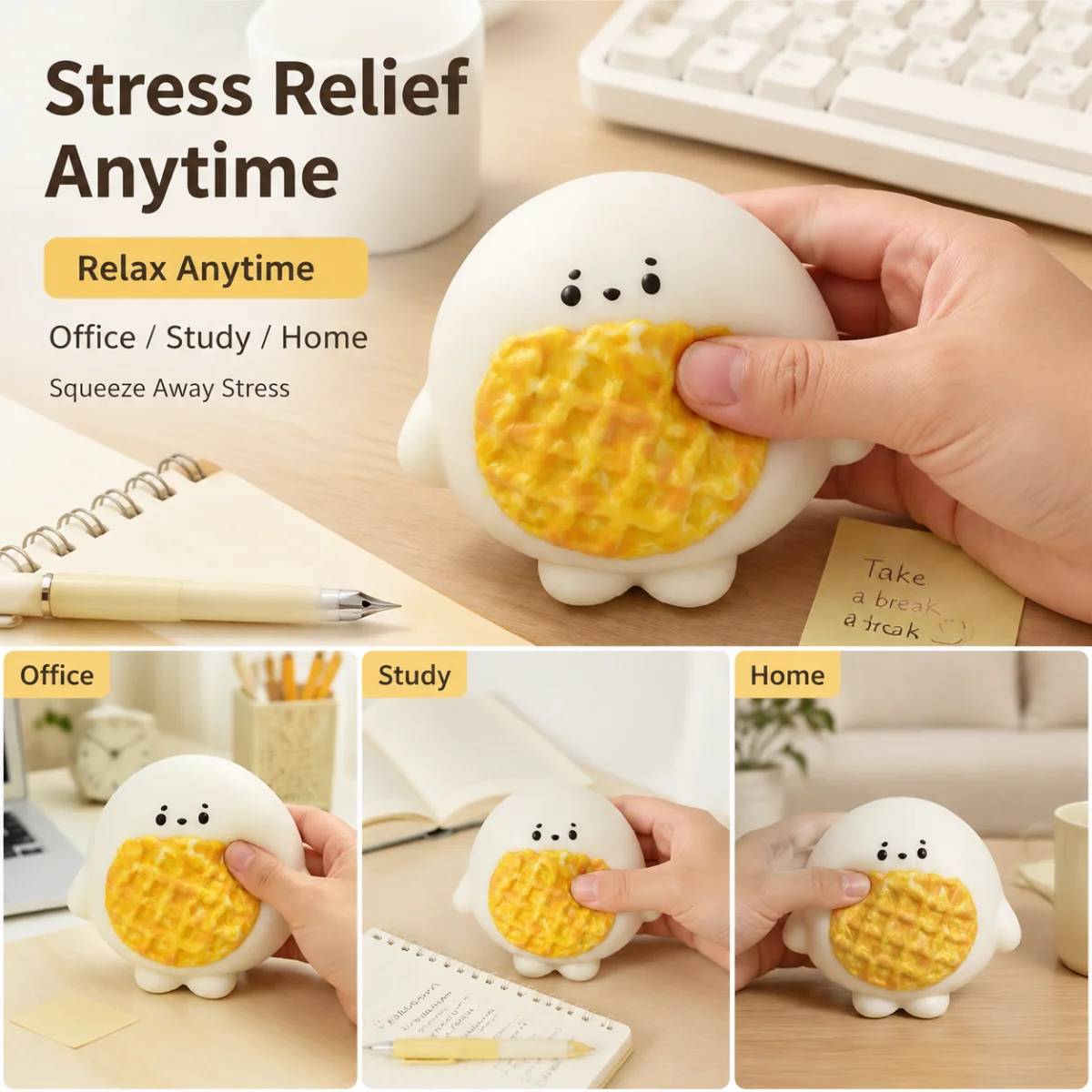 Cute Round Character Squeeze Toy Food‑Grade Silicone Simulation Rice Ball Squishy Toy Yellow Waffle Patch Anti Stress Fidget Toy