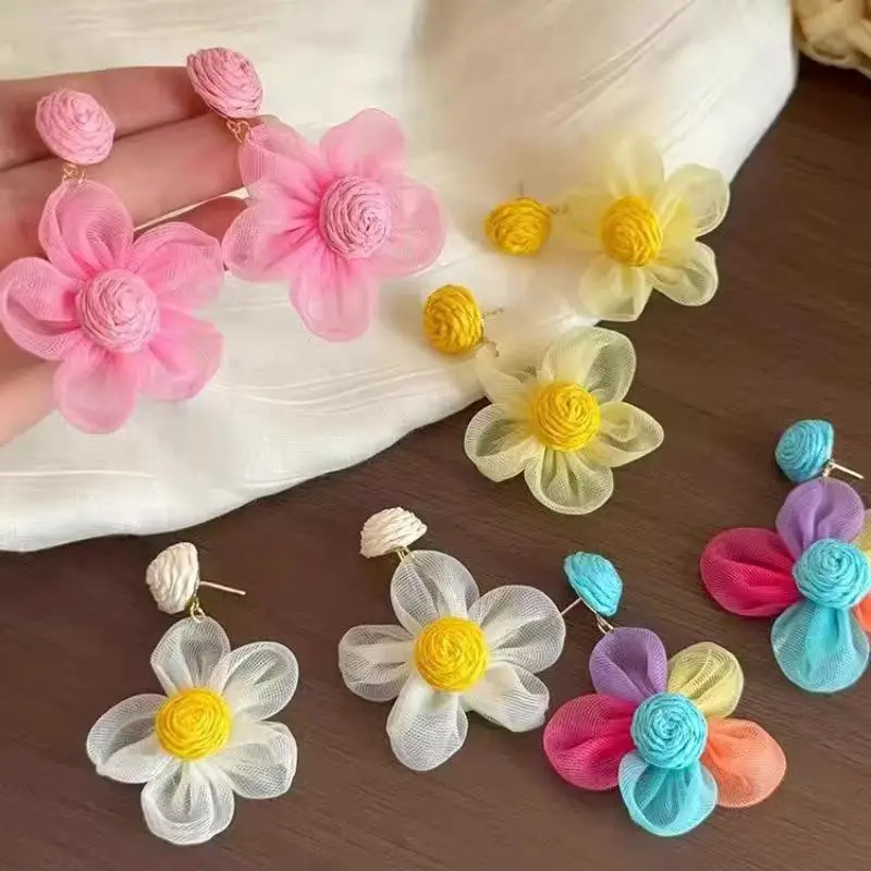 Ethereal Mesh Flower Earrings Dopamine Spring Summer Colorful Drop Niche Design Vacation Style for Women