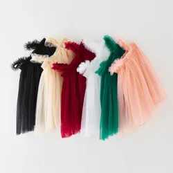 2024 Summer New Girls Solid Color Suspender Mesh Dress Sweet Sleeveless Children Princess Fluffy Dress 1-6T