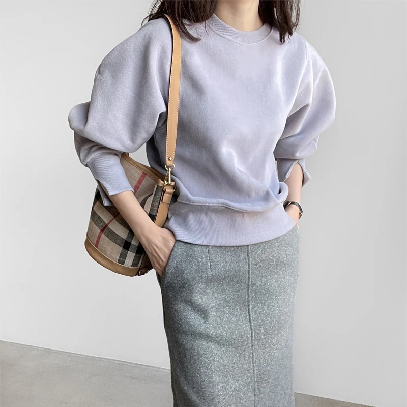 

Loose Fit Pure Cotton Color Sweatirt Korean Sle round Ne Long Sve Split Sve Women's Casual Comfortable Top