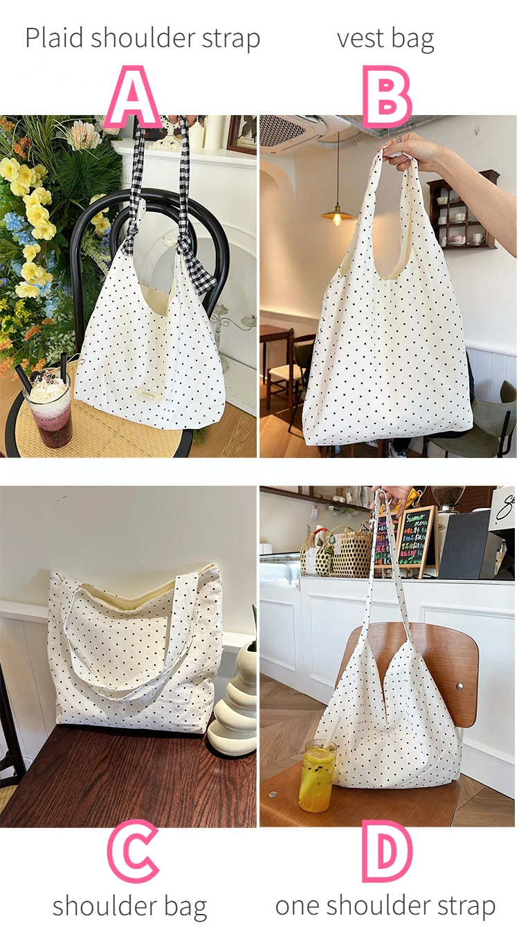 Vintage Polka Dot Women\'s Canvas Shoulder Bag Large Capacity Female Messenger Bags College Girls Book Tote Commuter Handbags