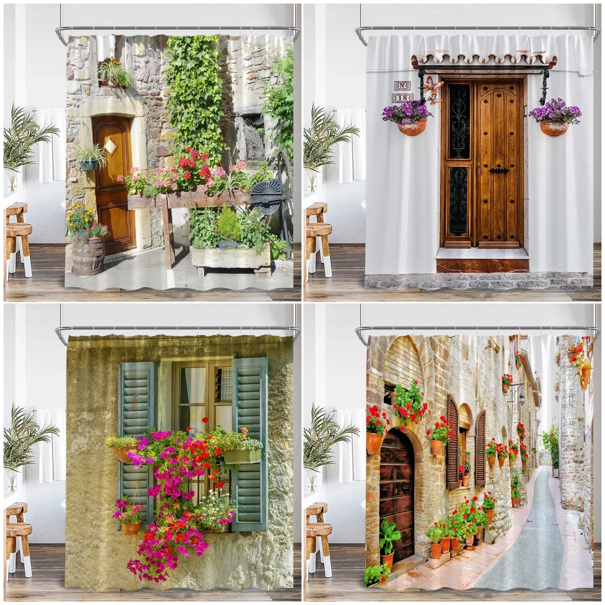 Street View Shower Curtain European Town Stone Wall Meditterean Scenery Bathroom Decor Windowsill Flowers Plants Bath Curtain