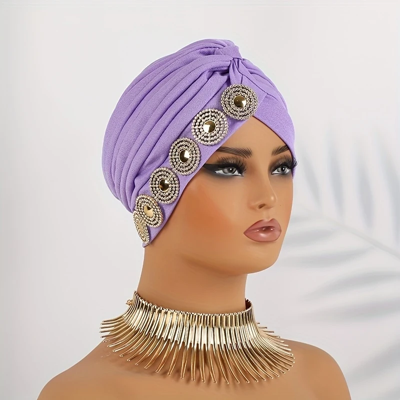 Elegant Women's Side Rhinestone Turban Hat Stretchable Elastic Head Wrap Pleated Crisscross Chemo Beanie Hair Cover Cap