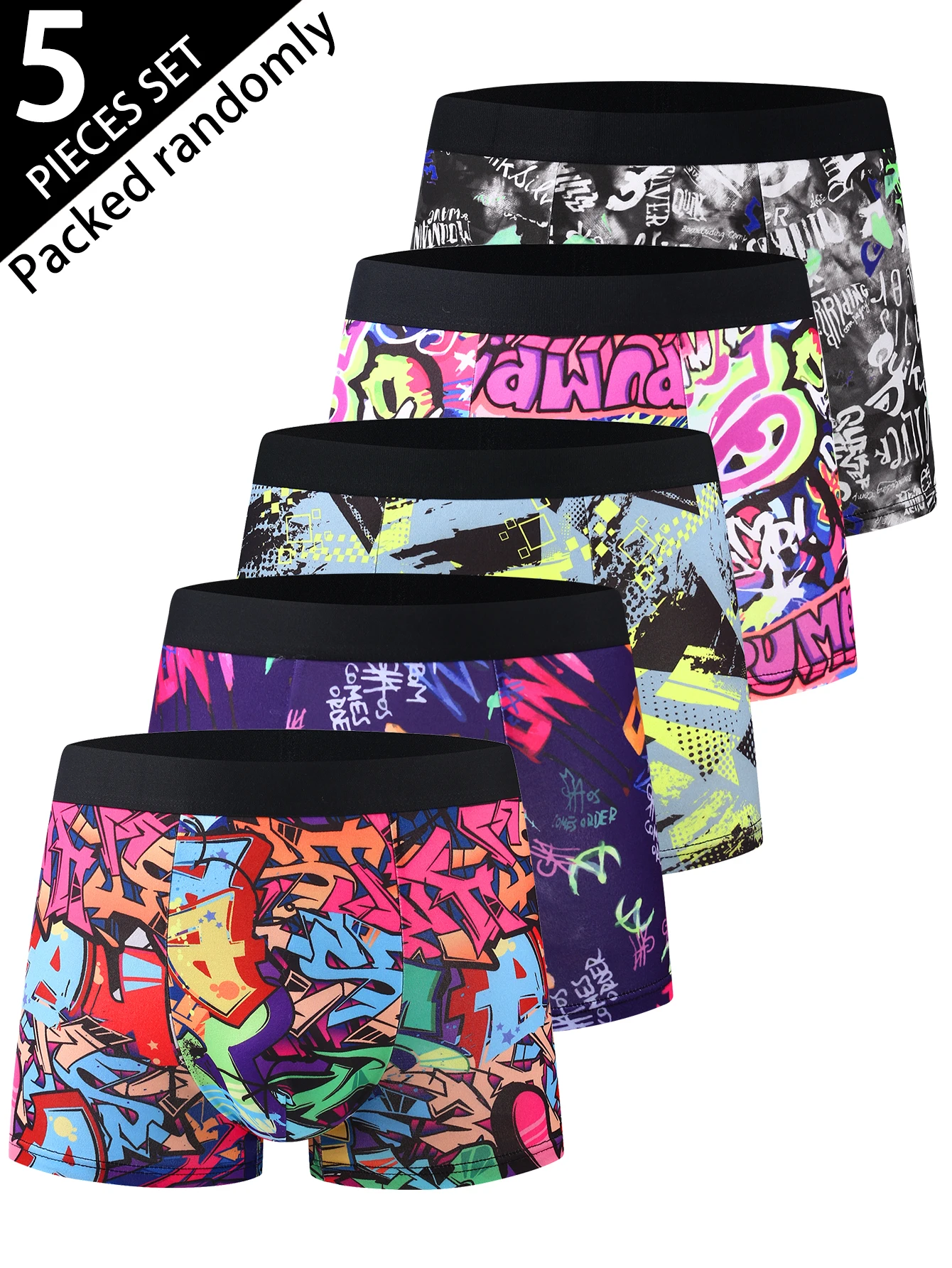 

5-Pack Cool Graffiti Men's Boxer Shorts Assorted Colors Breathable Mid-Waist Sporty Underwear Street Style for Young Men