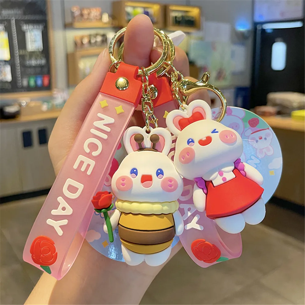 New in Cartoon Rabbit Keychain for Door Car Key Schoolbag Handbag Gift Creative PVC Alloy Pendants Cute Flower Anime Keyring