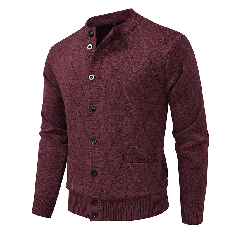 

Осень-зима мужской флисовый вязаный кардиган модный Argyle однотонный теплый элегантный повседневный облегающий вязаный свитер с круглым вырезом мужской