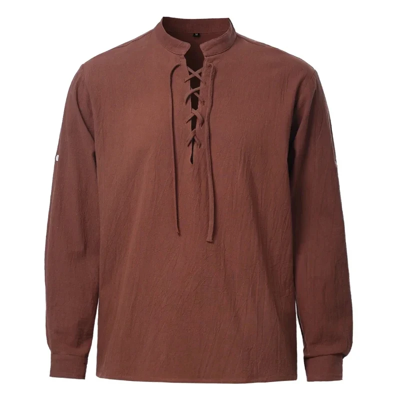 2026 Adult Men Viking Pirate Shirt Retro Style Lace Up Collar Jacobite Ghillie Kilt Henley Shirts Medieval Blouse 583CI