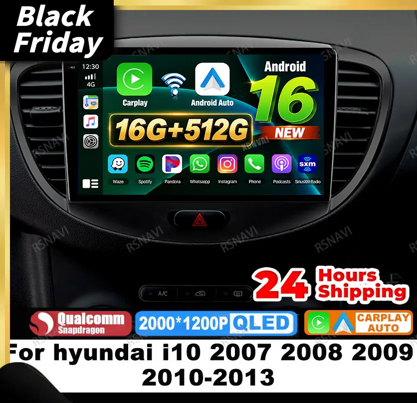 Car Radio Android 16 For Hyundai I10 2007 2008 2009 2010-2013 DSP BT Navigation Viedo Player 4G LTE DVD Head Unit QLED GPS AUTO