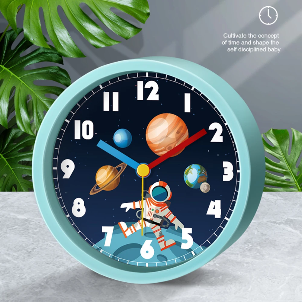 

Round Cartoon Alarm Clock Astronaut Planet Small Wakeup Tool For Children Desktop Clock Loudspeaker Mute Non Ticking Table Clock