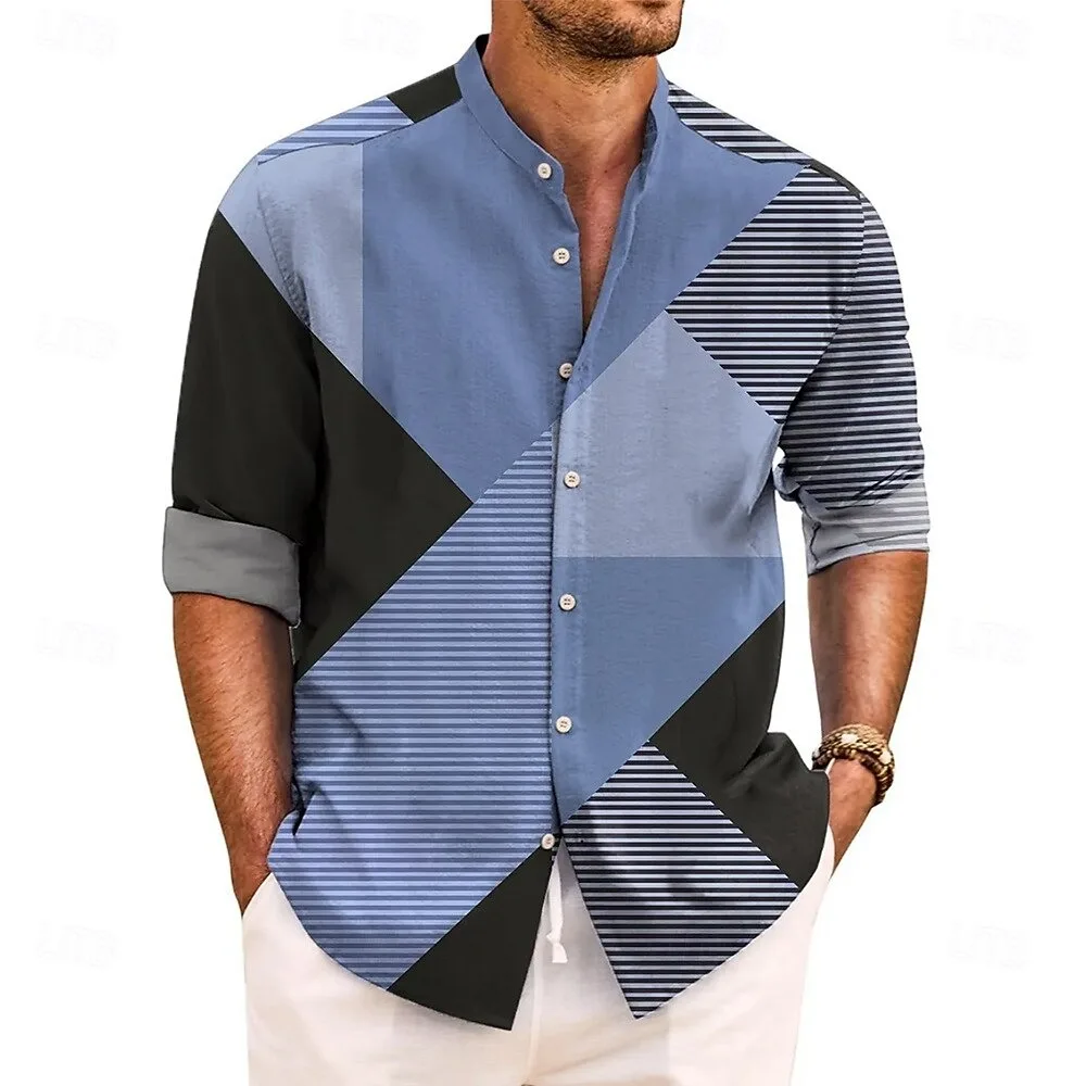 New men's shirt 3D striped printed casual fashion long sleeved button up shirt holiday collar long sleeved shirt top