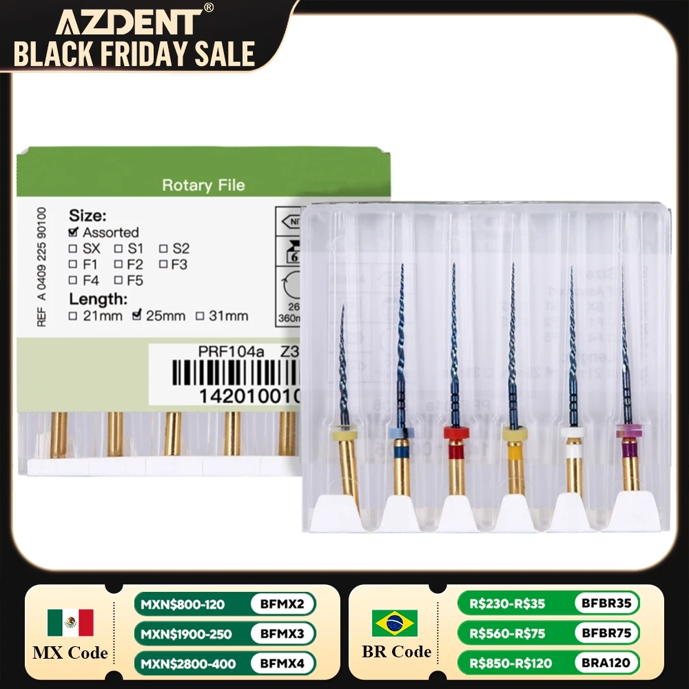 6Pcs/Box Dental Heat Activated Root Canal Files AZDENT Endodontic Engine Use File NiTi Super Rotary 25mm SX-F3 Dentistry Tools