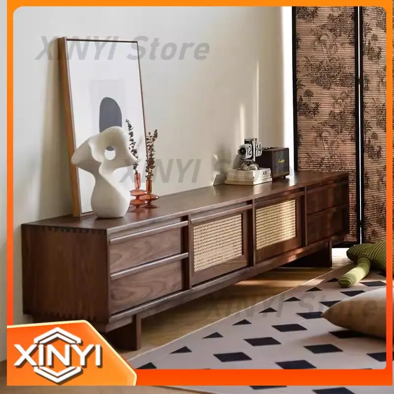 Black Walnut Skeleton Line TV Stand for Small Spaces Mid Century Modern Audio Cabinet Wabi Sabi Retro Black Living Room Floor