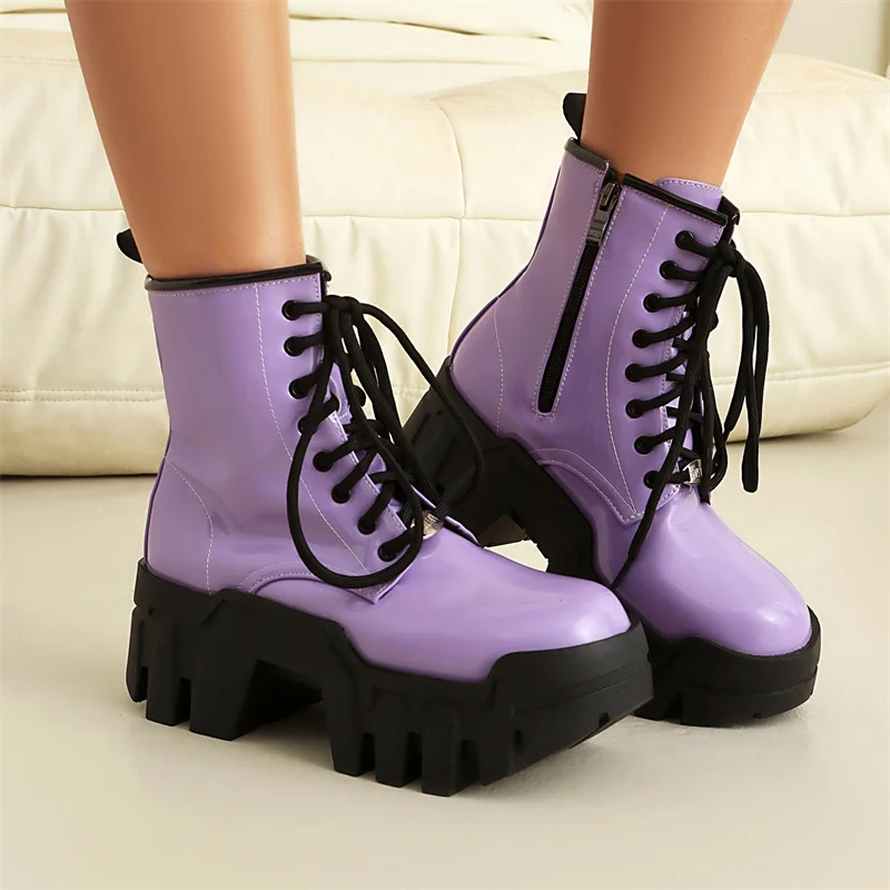 

YMECHIC 2026 Lace Up Sexy Ladies's Winter Punk Platform Short Boots Retro Thick Heels Zip Gothic Women Shoes Black Purple Orange