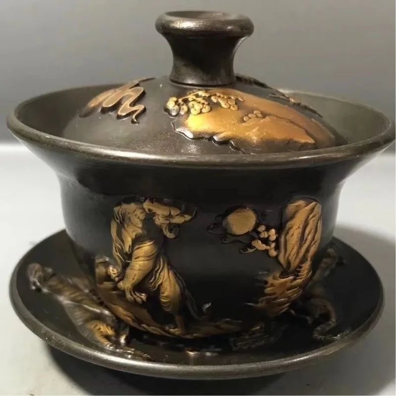 Pure copper gilded embossed tiger teacup set, three-piece kung fu tea cup set, five blessings tea cup home decor