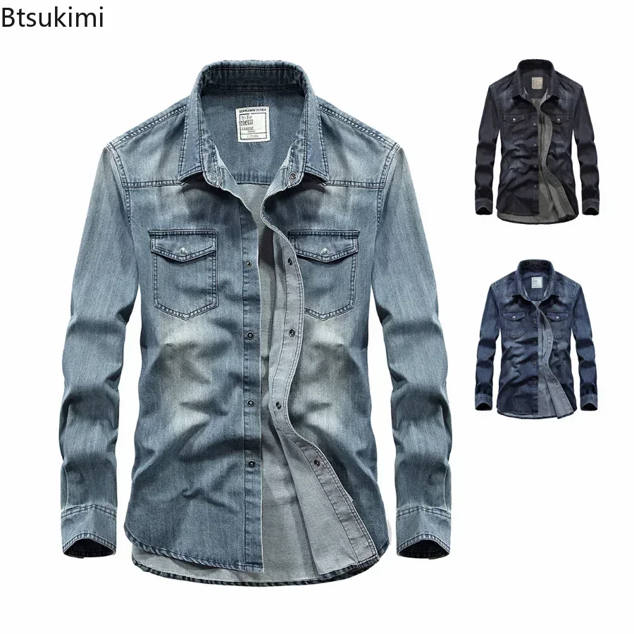 2024Men\'s Denim Jeans Shirt Long Sleeve 100% Cotton High Quality Handsome Hombre Casual Jean Shirt Top Male Shirts Plus Size 4XL