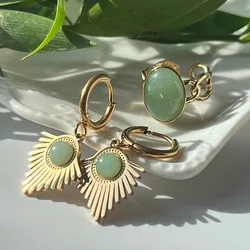 Stainless Steel Vintage Sunflower Irregular Earrings Natural Stone Open Adjustable Rings French Style Jewelry for Women