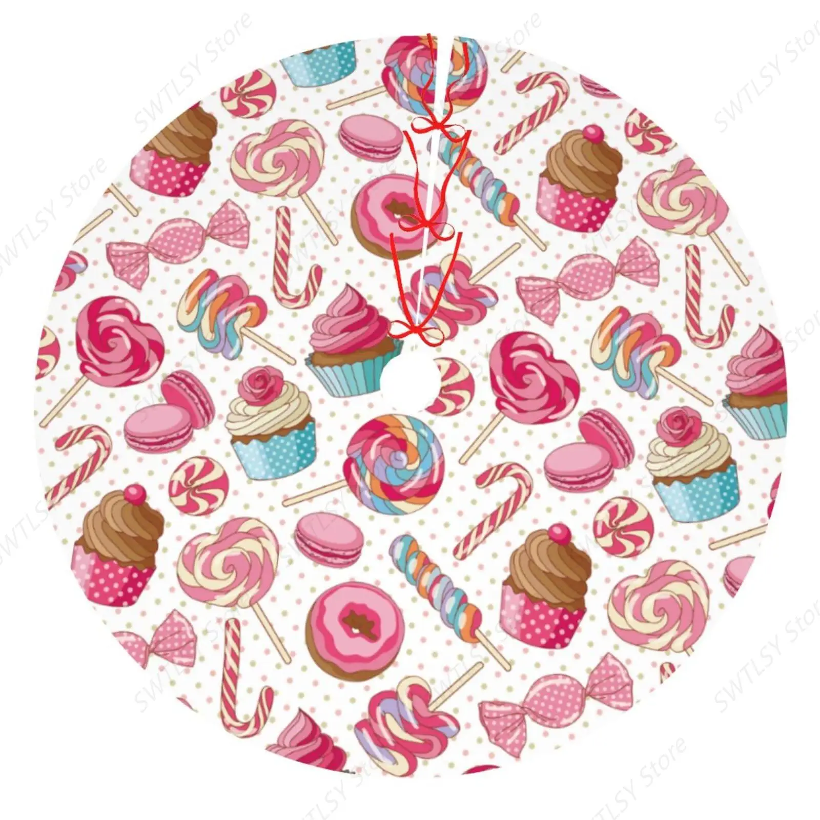 Colorido dulce piruleta caramelo macarrón Cupcake Donut 48 pulgadas falda de árbol de Navidad alfombra divertida fiesta cubierta suave estera Decoración
