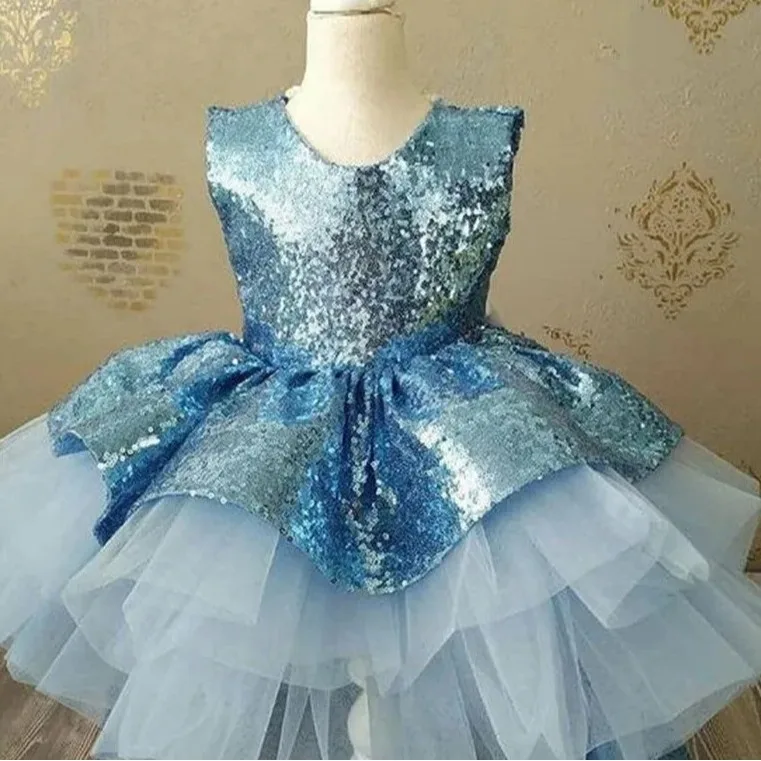 

Luxurious 2025 blue sequin backless Short front and long back trailing dress princess baby girl dress for Wedding birthday party