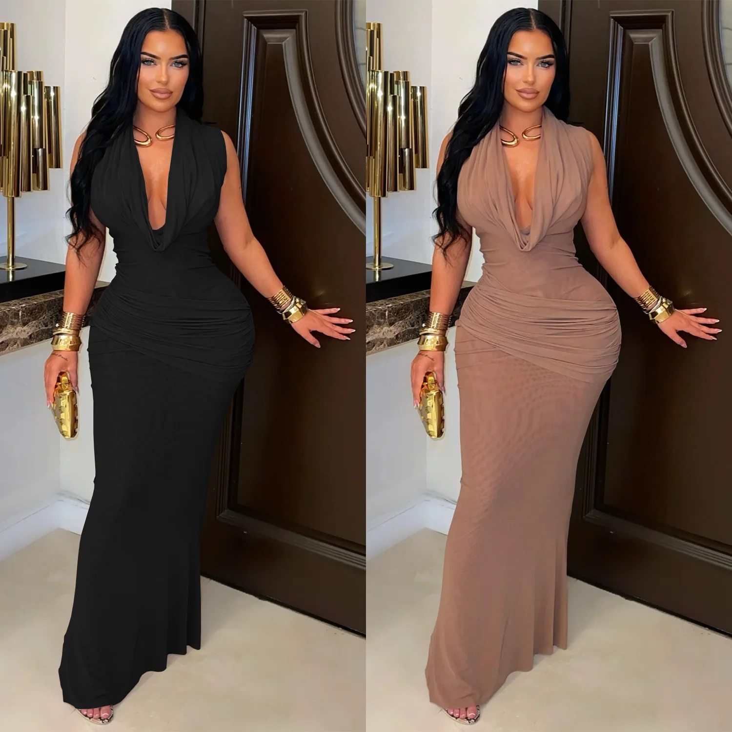 

Женская модная одежда для взрослых по индивидуальному заказу, элегантное темпераментное сексуальное плиссированное платье без рукавов с v-образным вырезом и низким вырезом, праздничное платье, костюм