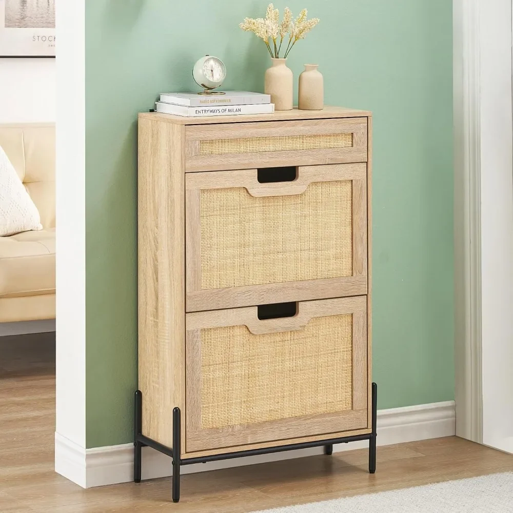 

Flip Drawers Shoe Storage Cabinet with Drawer, Rattan Shoe Organizer with Metal Legs, Freestanding Narrow Shoe Rack Cabinet