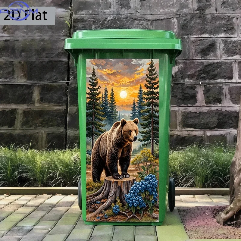 2D Flat Printing 1pc Trash Can Sticker 37×82cm, Forest Sunset Bear Shadow Themed Design, Self-Adhesive Wall Decal Wallpaper fo