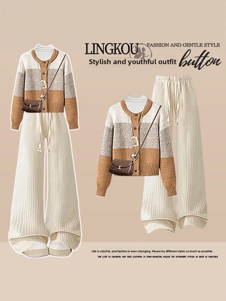 

Fashionable Knitted Autumn Set Women's High Waist Casual Pants Three-Piece Suit Slimming Color Collision Long Sleeve Button up