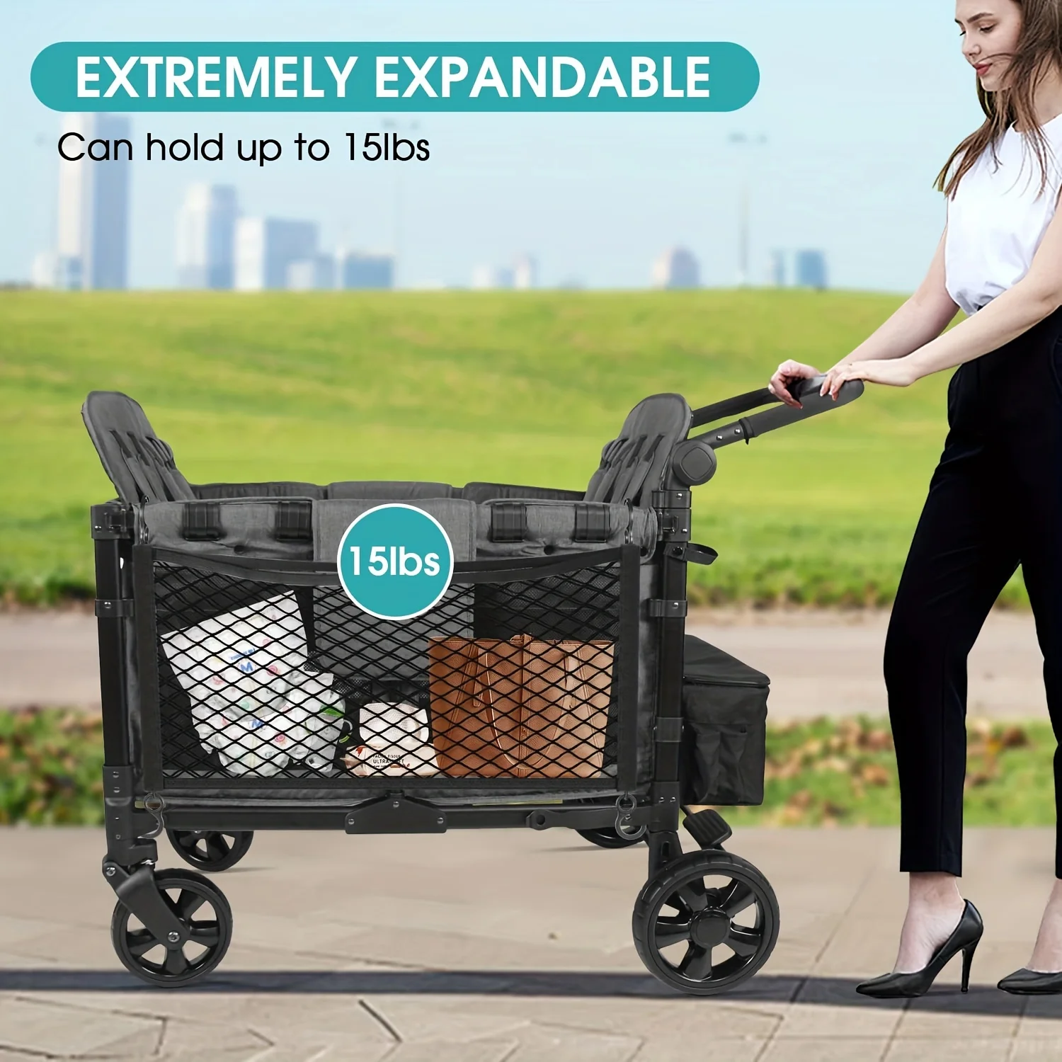 Folding Trolley Carts Net Carts Multifunctional with Metal Hooks Garden Camping Carts Net for Carrying Diaper Water Cups