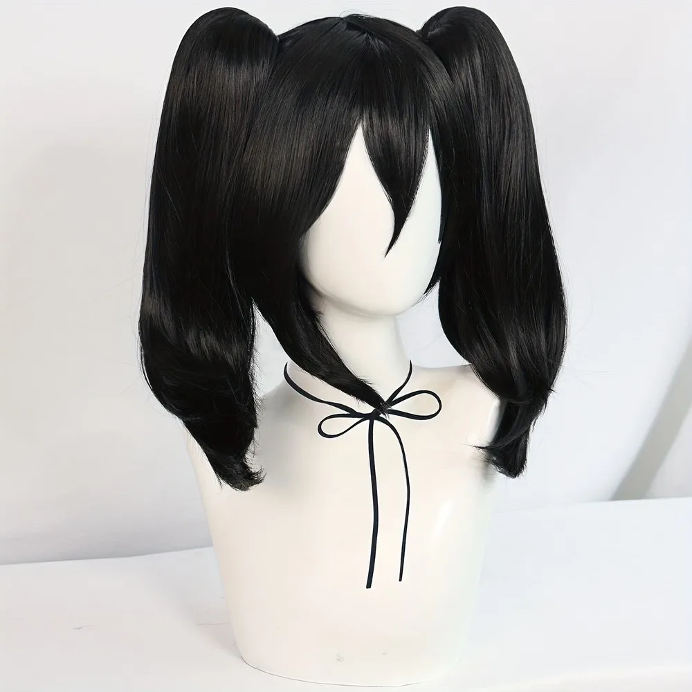Perucas cosplay perucas de cabelo liso sintético preto de 16 polegadas com rabo de cavalo duplo