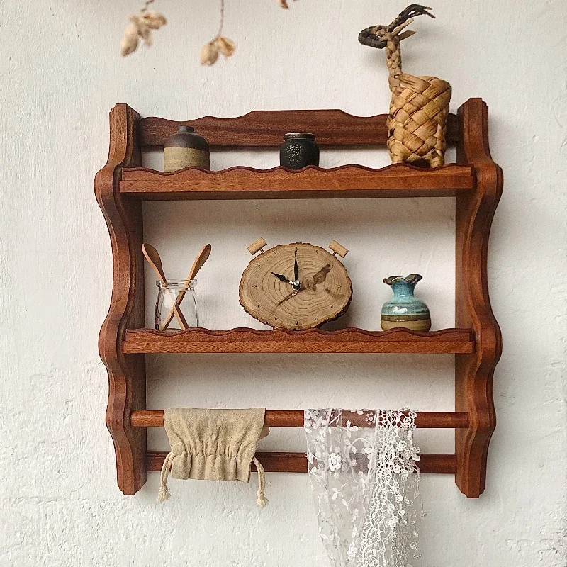 ‌Mid-Century Wave Wood Wall Shelf Multi-Functional Display Rack Cafe,Kitchen Bathroom,Vintage Home Storage Decor Retro Charm‌