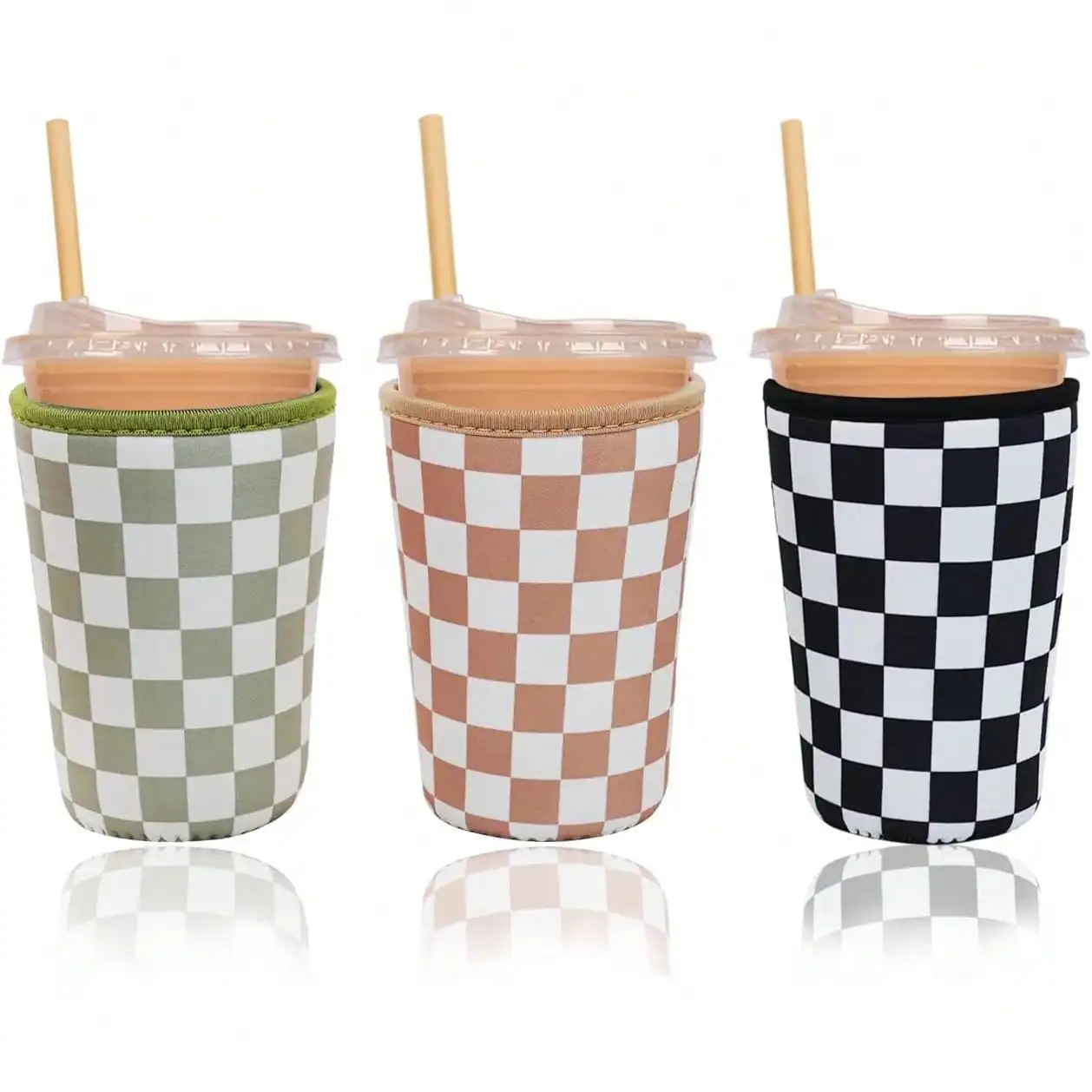 3-Pack Reusable Insulated Neoprene Ice Coffee Cup Sleeves, Durable Cold Drink Sleeves, Medium 22-24 Oz (Checkered Pattern)