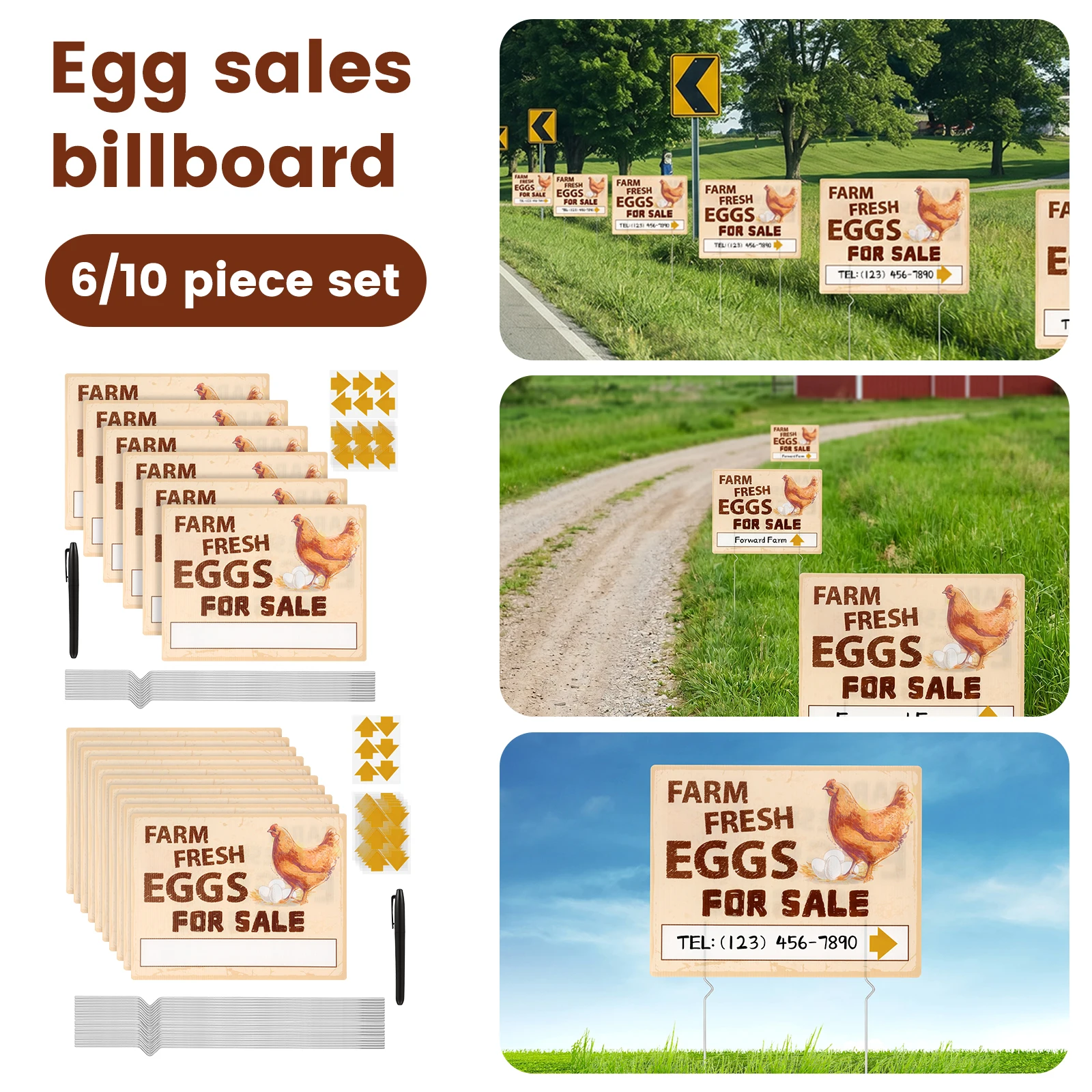 6/10 Pcs Farm Fresh Egg Signs Weatherproof Fresh Egg Yard Sign Outdoor Egg Selling Sign with Stakes Arrow Stickers Marker Pen