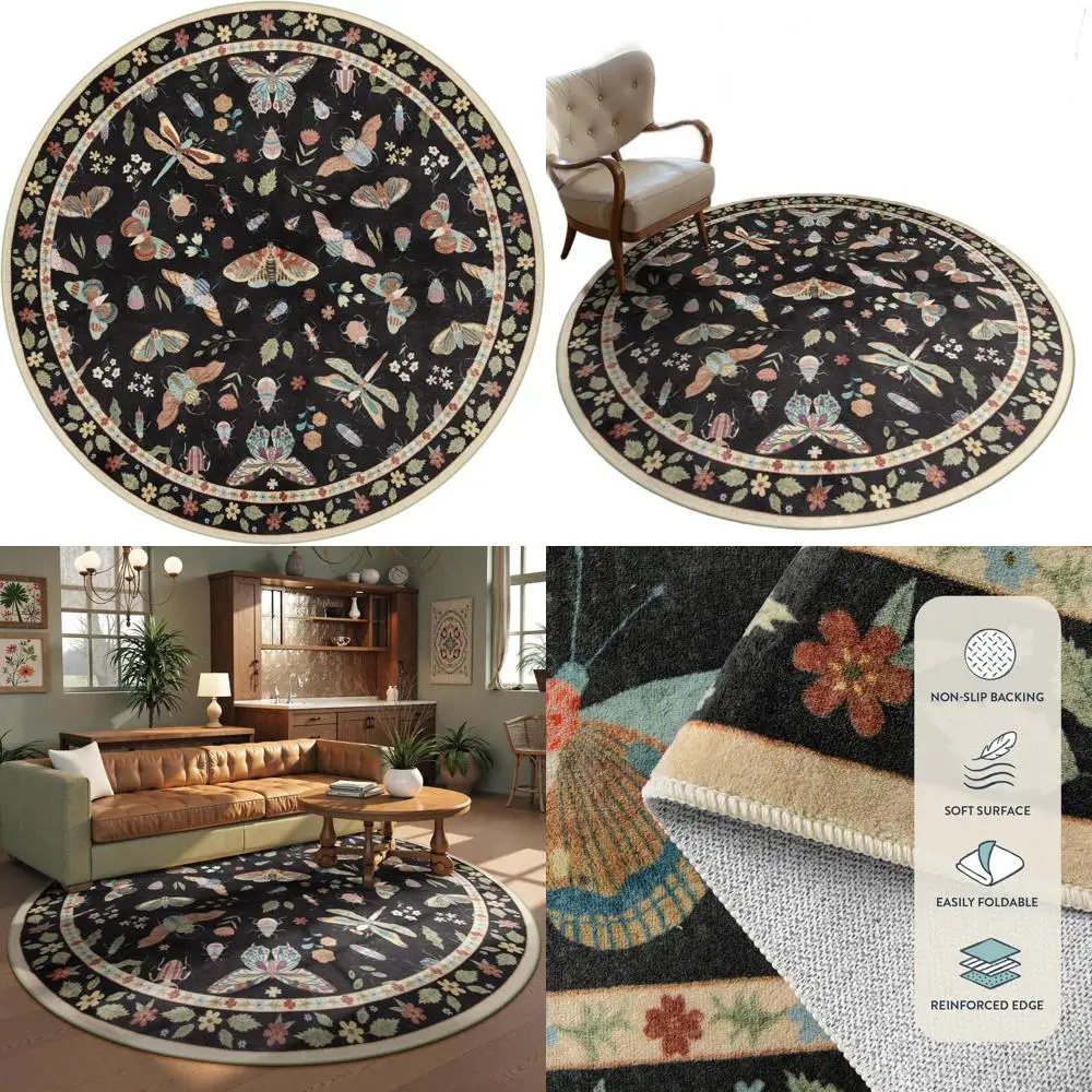 

6ft Boho-Style Washable Round Rug, Ultra-Thin Non-Slip Circle Carpet for Home, Black