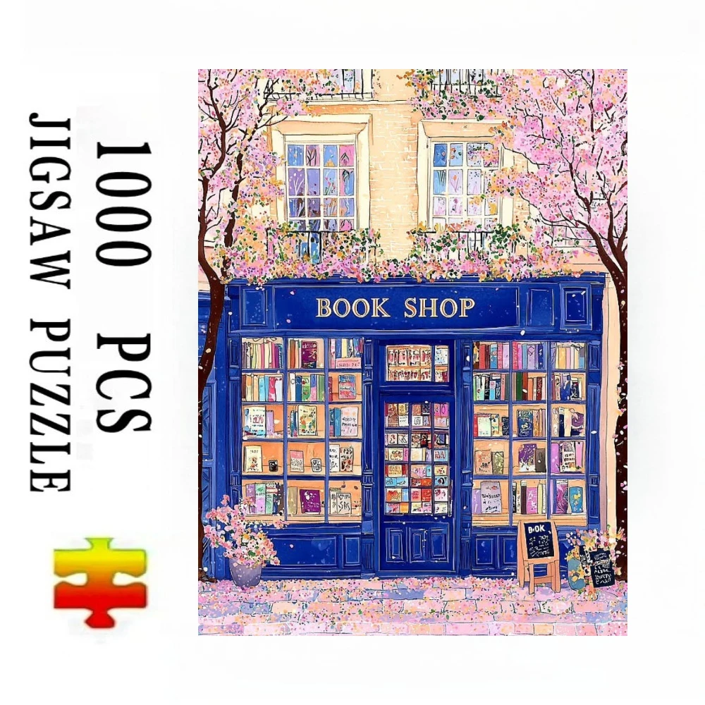 Scenery Book Shop with Pink Blossoms Jigsaw Puzzles 500/1000/1200/2000 PCS Modern Wall Decor for Living Room Gift No Frame