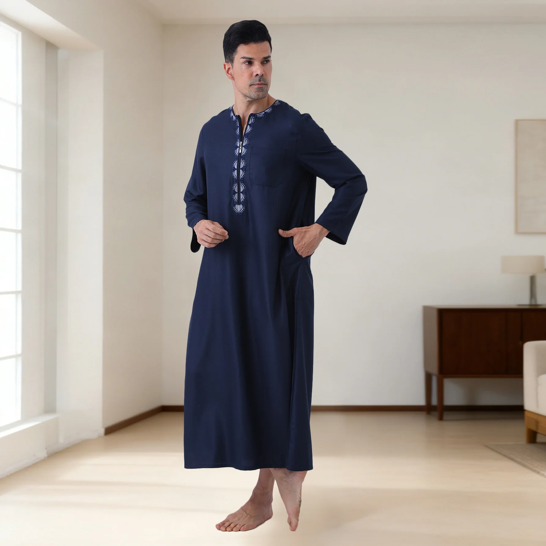 

Fashion Muslim Men Robe Embroidery Zipper Jubba Thobe Dress Saudi Arabic Thoub Islam Clothing Daffah Dishdasha Kaftan Gown Abaya
