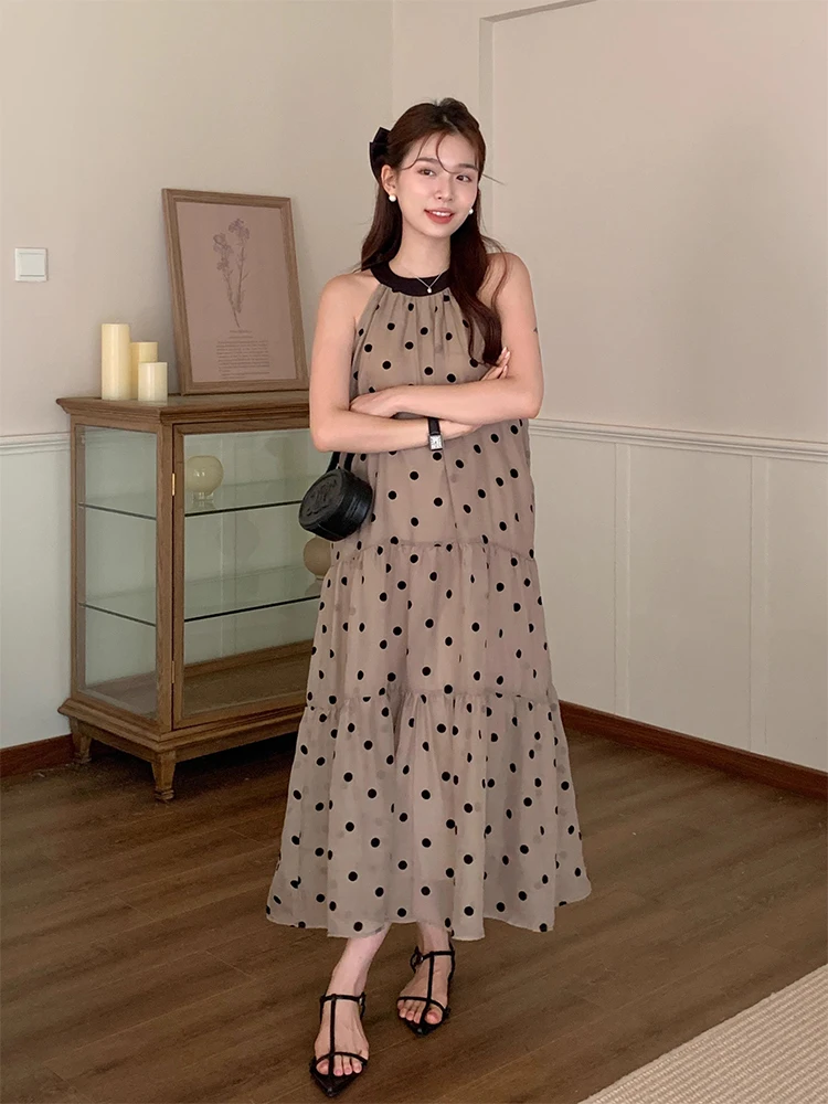 

Clothland Women Elegant Polka Dot Midi Dress Halter Sleeveless Vintage Chiffon Summer Mid Calf Dresses Mujer QD639