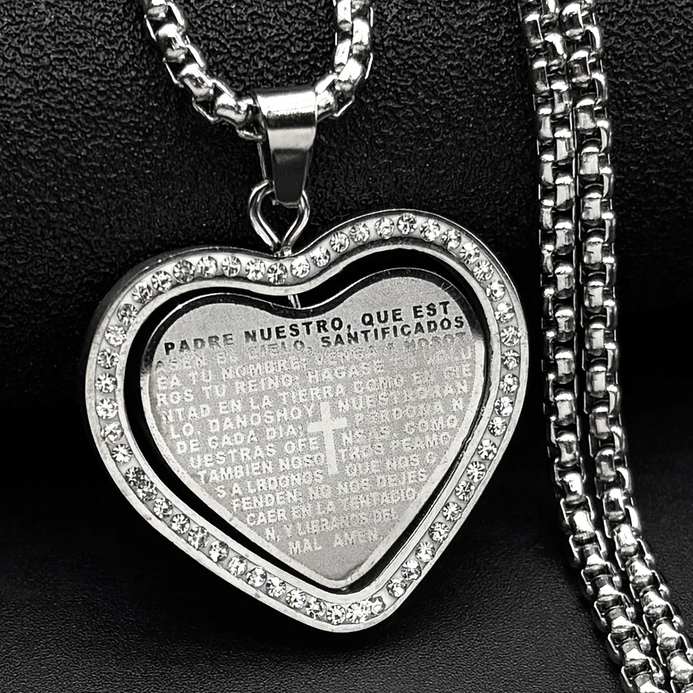 Bible Verse Cross Heart Pendant Necklace for Women Men Stainless Steel Spanish Our Father Rotatable Medal Lord's Prayer Jewelry