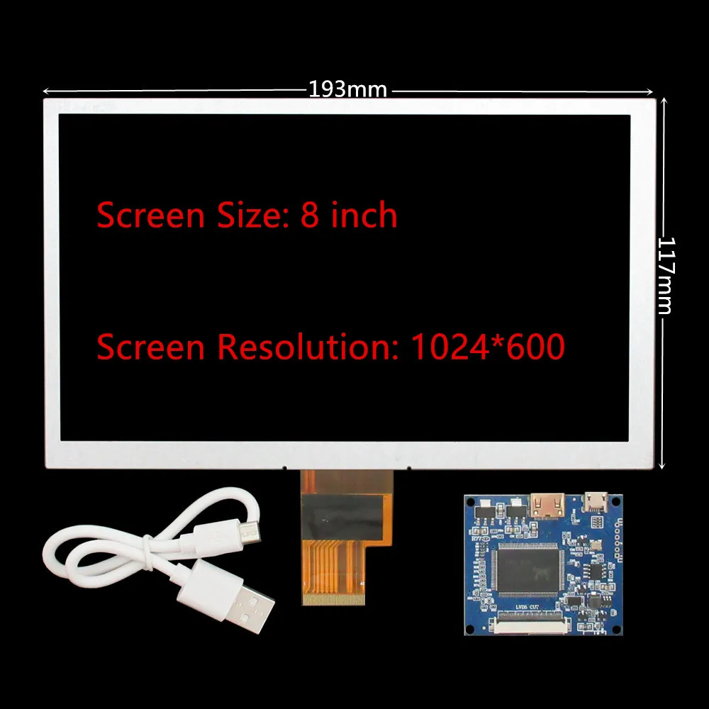 8-inch 1024x600 DIY LCD Display Panel with Mini-HDMI Driver Board Kit For PC, Raspberry Pi, Portable Monitor