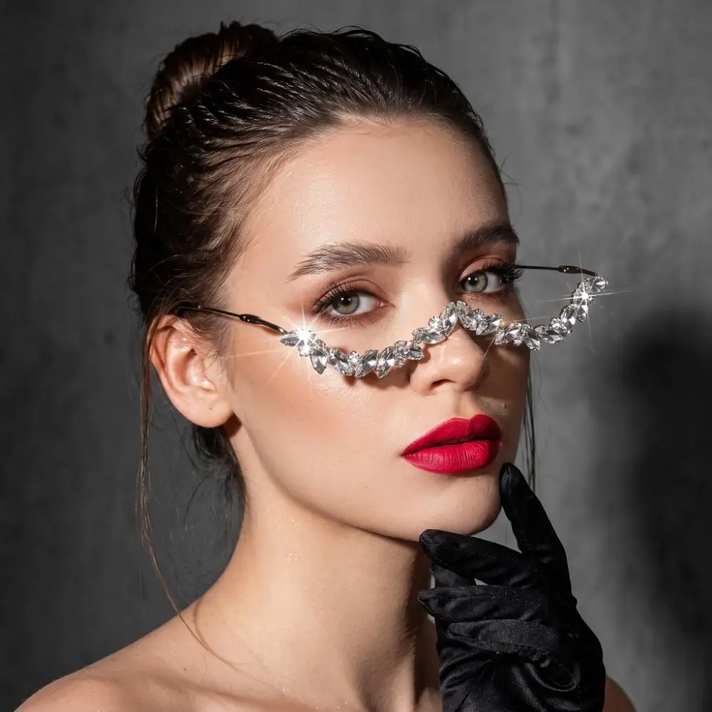 Waterdrop Shape Rhinestone Eyeglass Frame Foldable Zircon Glitter Mask Decoration Crystal Blingbling Metal Glasses Frames