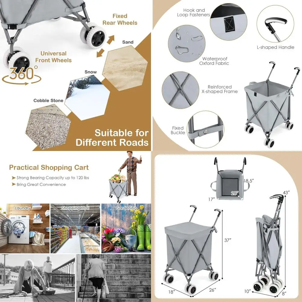 Carrito de Compras con Ruedas Gris con Forro de Tela Desmontable para Facilitar las Compras y el Lavado