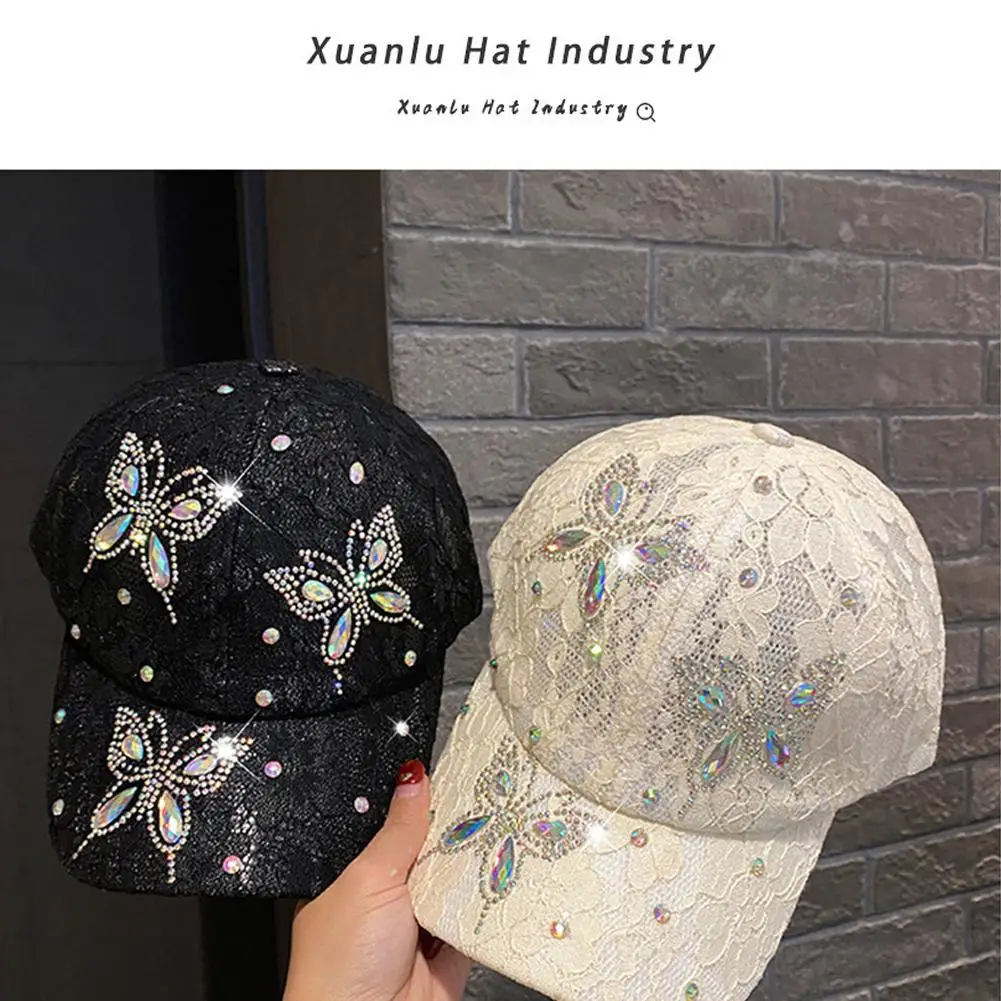 Gorras de béisbol con flores de encaje para mujer, sombrero de malla transpirable con diamantes de imitación de mariposa, Snapback, Hip Hop, a la moda, G S3D0