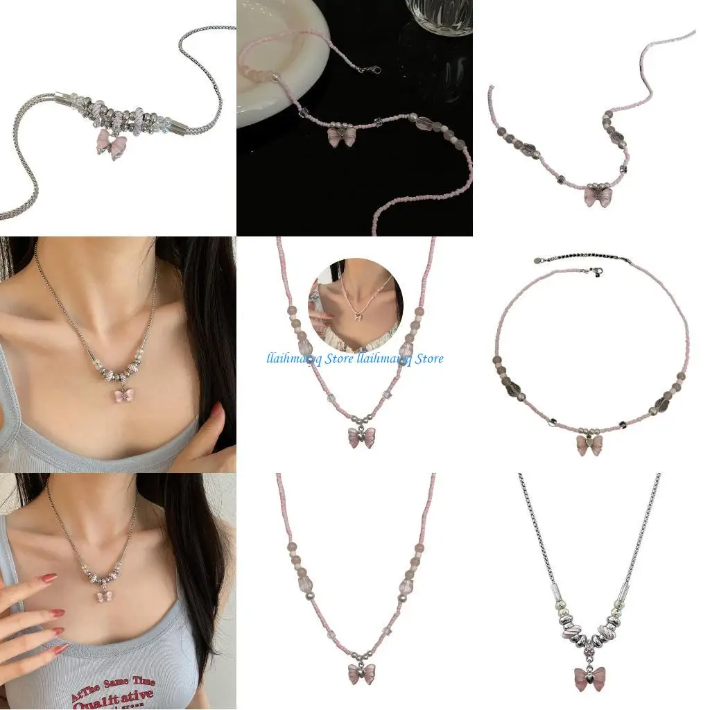 

573B Stylish Pink Beaded Necklaces Bowknot Pendant Neckchains Neck Accessories for Daily Wear Dating Parties