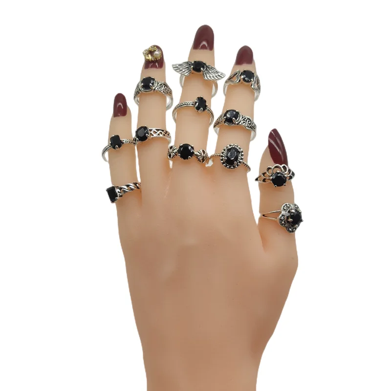 خواتم أكريليك سوداء مشتركة للنساء والفتيات ، طبق فضي عتيق ، مجوهرات أصابع ، حفلات ، مقاس مختلط ، أزياء ، بيع بالجملة ، جديد ، 20: الكثير #4