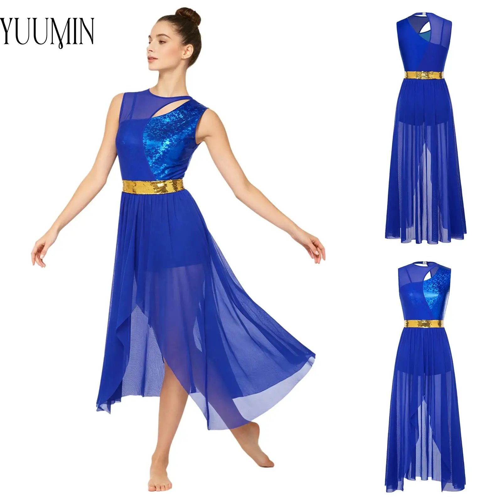 women-lyrical-dance-costume-sequined-belt-metallic-patchwork-irregular-mesh-hem-sleeveless-built-in-shorts-worship-dancewear