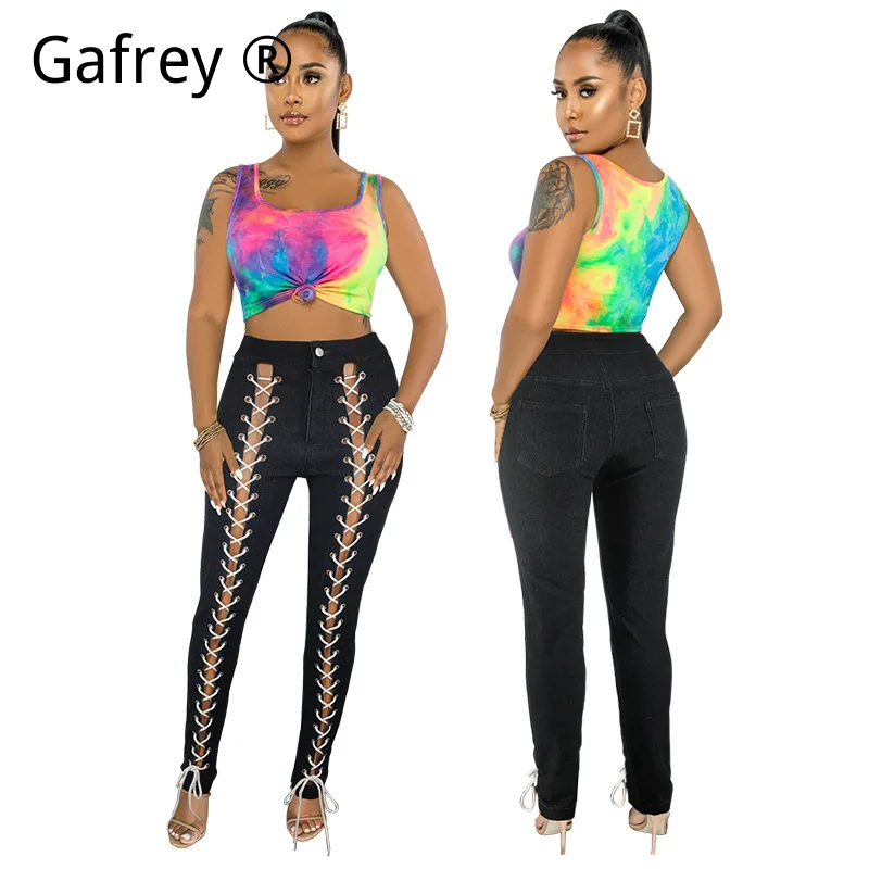 

Женские джинсы с кружевной отделкой и шнуровкой, джинсовые брюки с высокой талией и завязками, облегающие брюки с драпировкой, весенние уличные брюки