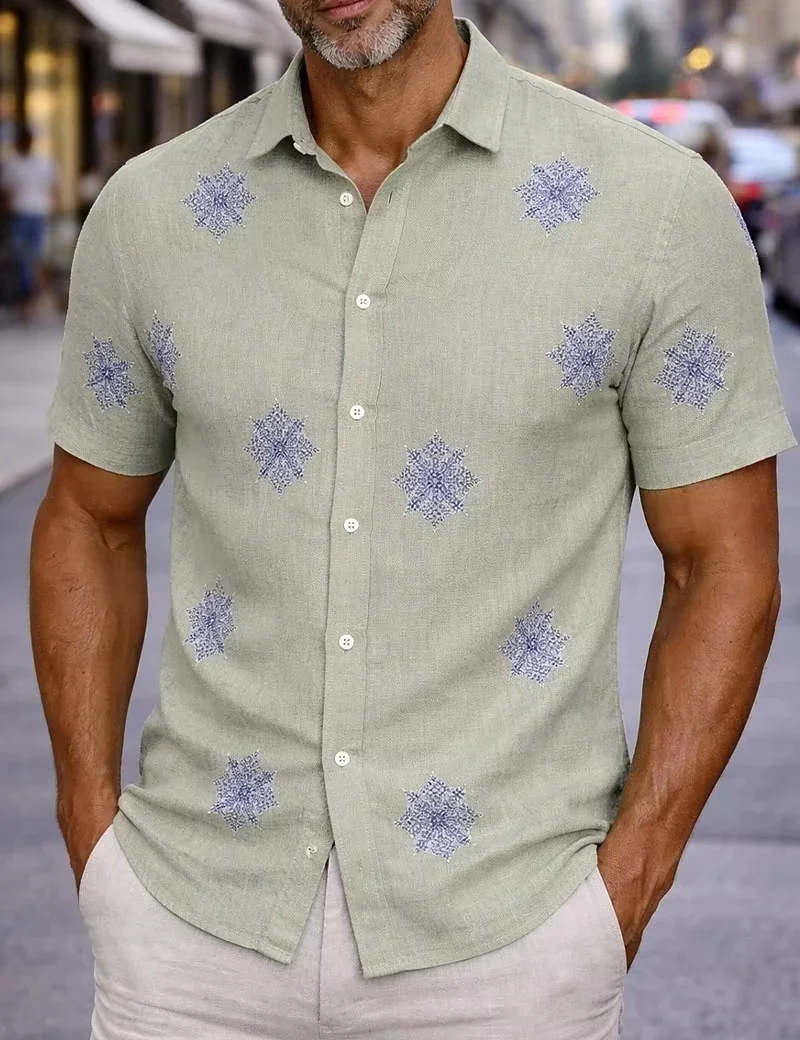 Summer Fashion Men's Snowflake Print Short Sleeved Shirt Casual Hawaiian Button Up Top Tropical Holiday Beach Style Shirt