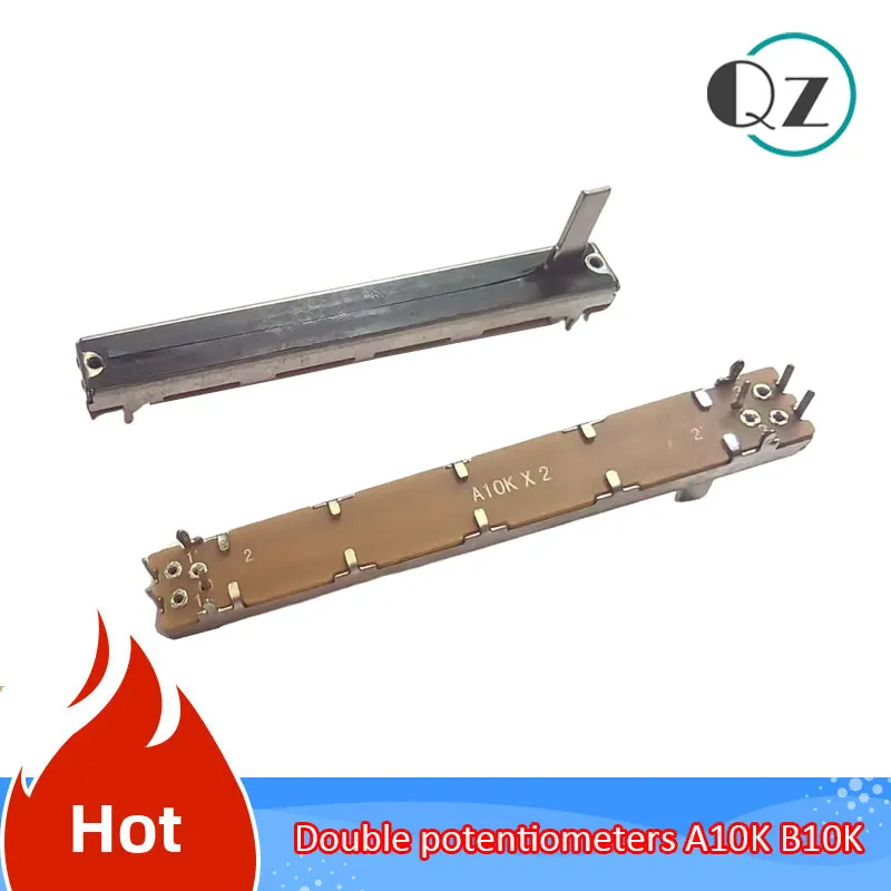 10PCS 75mm Double Straight Slide Potentiometer A10KX2 B10KX2 Dual Channel Fader Handle Length 15mm A10K B10K Stroke 60MM