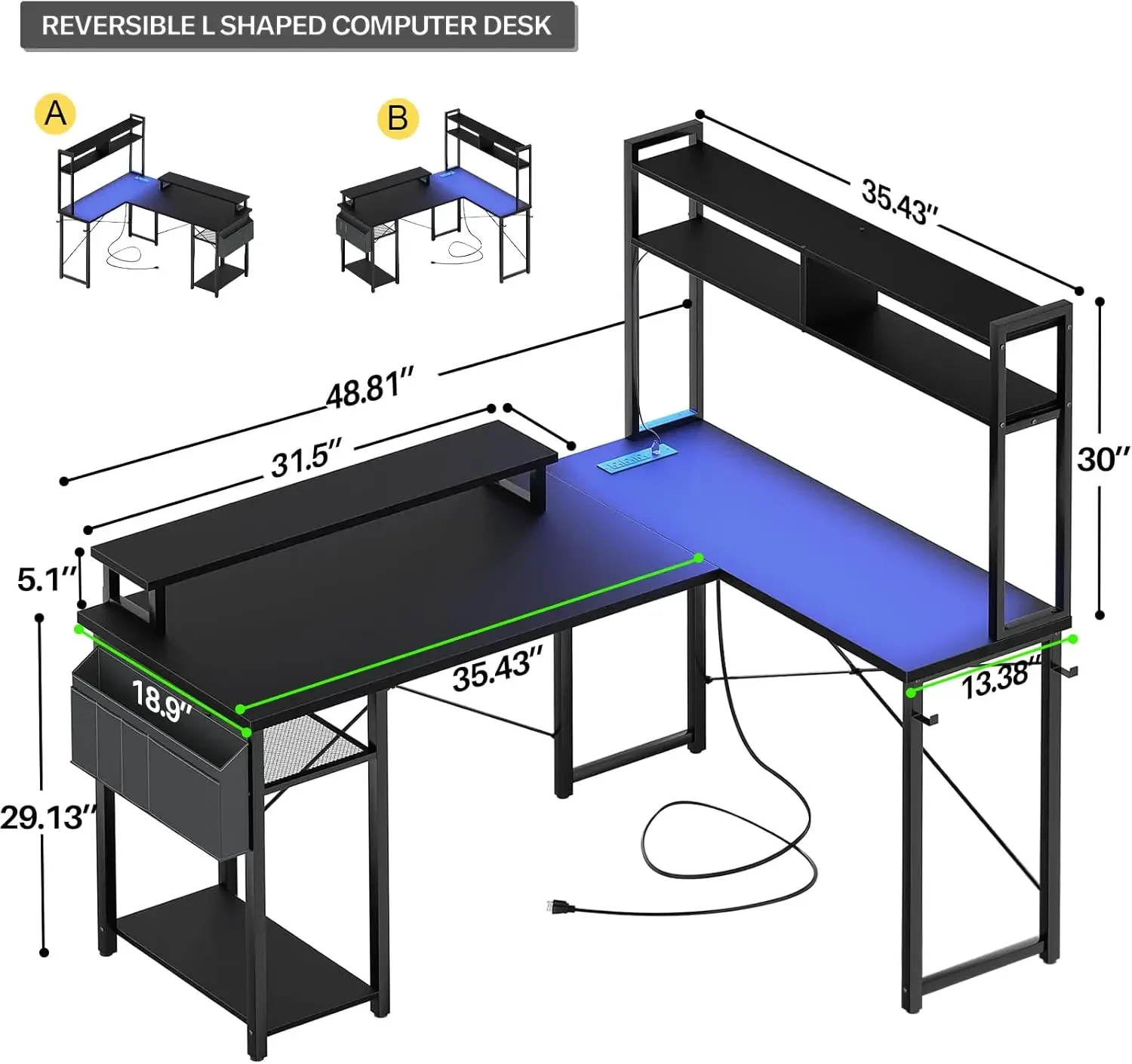 Small L Shaped Gaming Desk with LED Lights & Power Outlets, Reversible L-Shaped Computer Desk with Monitor Stand & Storage Shelf