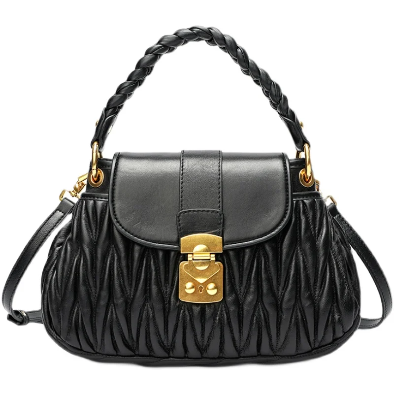

Spring Folded Leather Handbag Women's oulder Bag Soft Handle Belt Decoration Casual Crossbody Bag Quali Texture